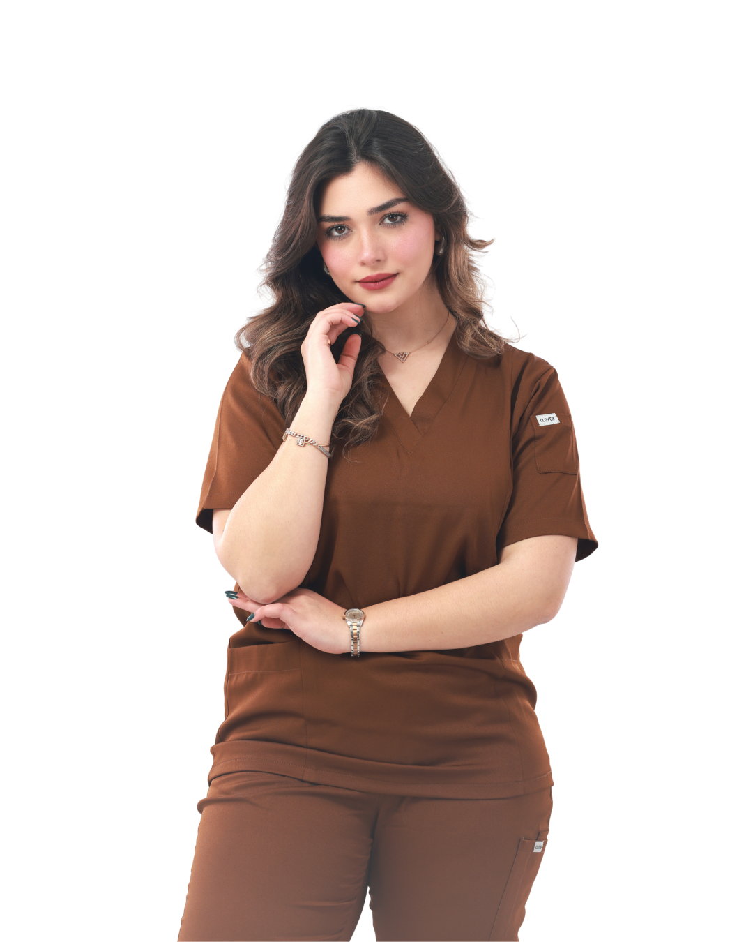 Image de Marron — Ensemble médical pour femme Clover Uniform à 4 poches (haut à col en V et pantalon cargo) 